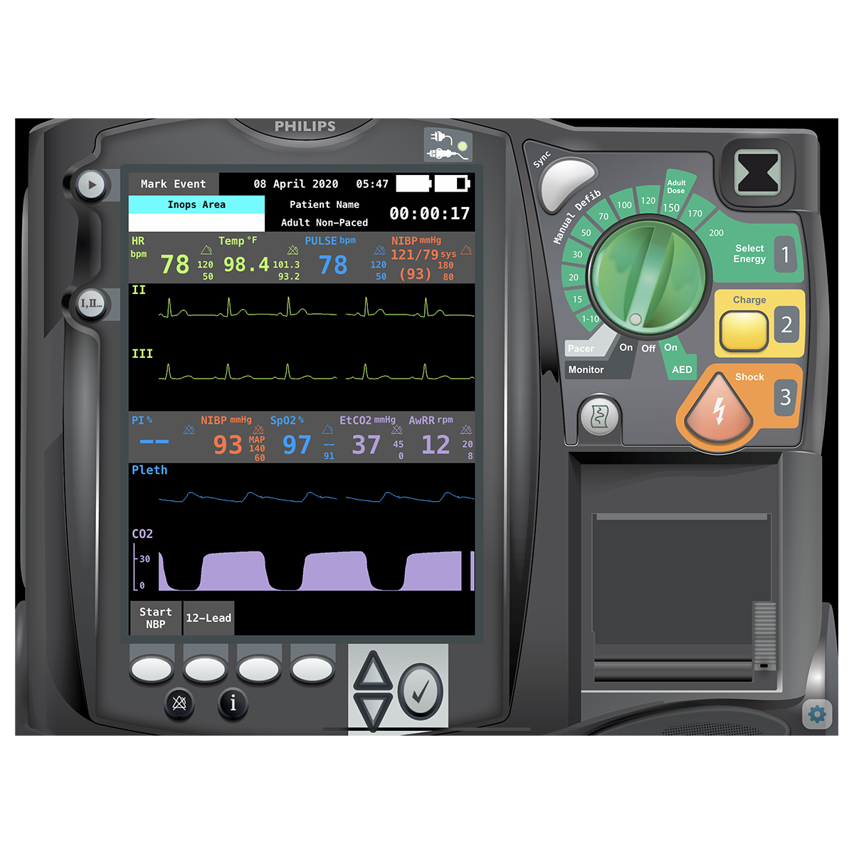 Simultor obrazovky pacientkho monitoru Philips HeartStart MRx Emergency Care pro REALITi360
