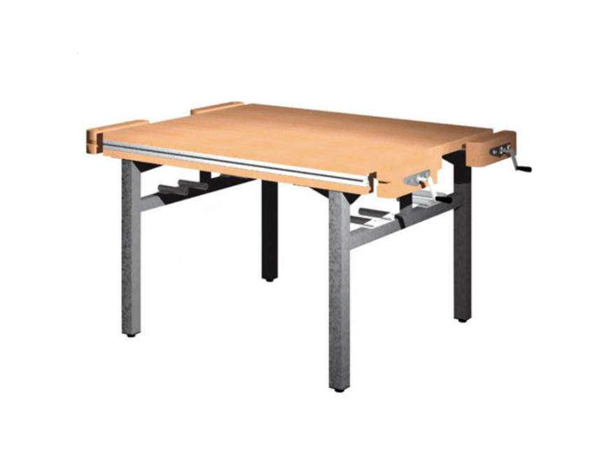 Univerzální dílenský stůl s pevnou výškou - 4× truhlářský svěrák - čelně