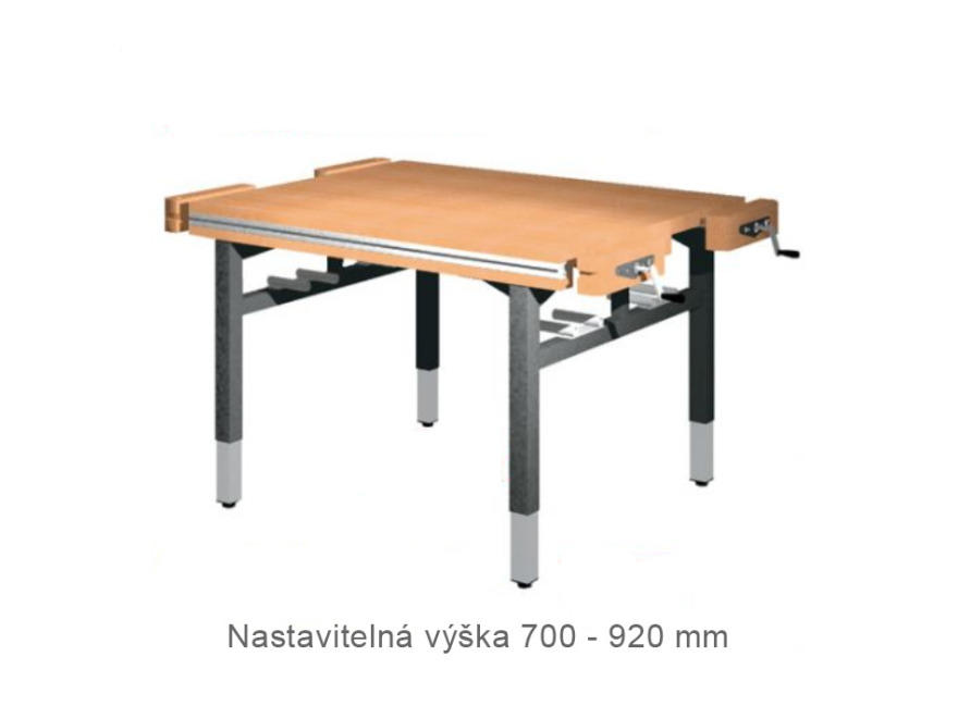 Univerzální dílenský stůl s nastavitelnou výškou - 4× truhlářský svěrák - čelně