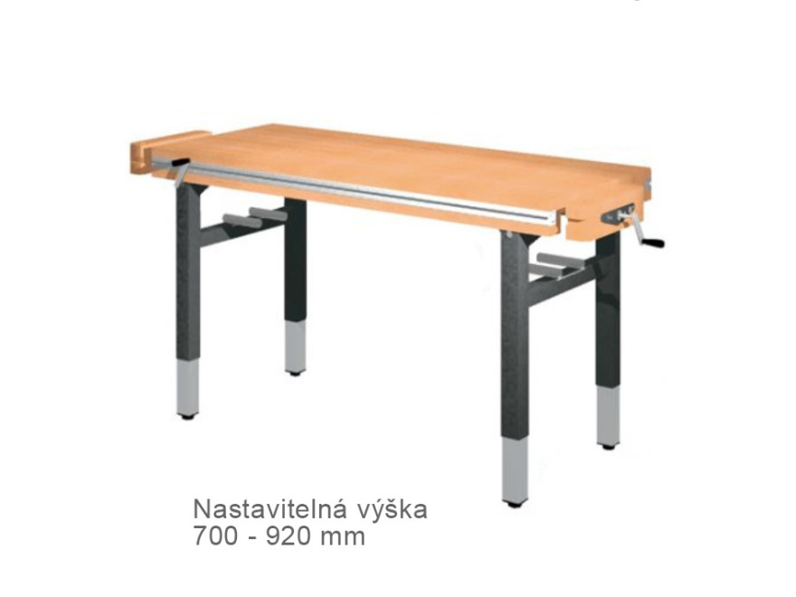 Univerzální dílenský stůl s nastavitelnou výškou - 2× truhlářský svěrák - čelně
